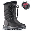 Black winter boot with quilted polyester upper, lace and zipper closure, wool lining, and OC grip outsole—waterproof and rated for warmth down to -30°C.