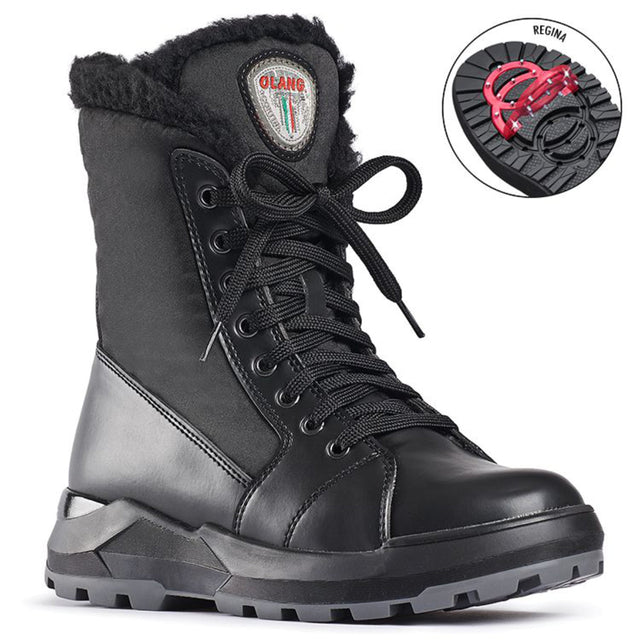 Black vegan leather winter boot with padded upper, wool lining, steel cleat traction outsole, lace and inner zipper closure—thermal insulated and waterproof to -30°C.