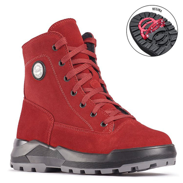 Rosso Red nubuck leather winter boot with wool lining, stainless steel cleat traction outsole, lace-up and side zipper closure, insulated for extreme cold.