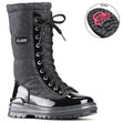 Mid-calf black quilted winter boot with glittery textile upper, patent leather trim, and front laces.