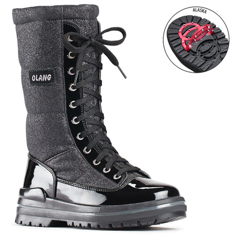 Mid-calf black quilted winter boot with glittery textile upper, patent leather trim, and front laces.