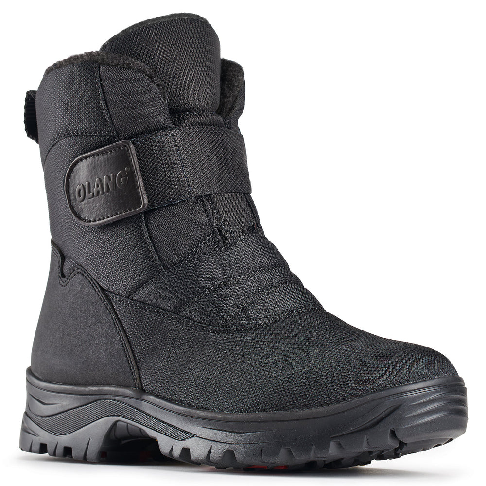 Black quilted winter boot with Velcro strap and cleated sole—Olang Kiev OC Velcro Black, vegan and waterproof.