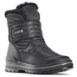 Black vegan winter boot with quilted padded polyester upper, quick adjustable Velcro strap, wool lining, silver-insulated removable insole, and durable ALASKA outsole by OC System® featuring integrated cleats for superior traction on icy surfaces.