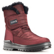 Mid-calf uva purple quilted winter boot with a Velcro strap, black faux-fur trim, and a rugged cleated sole.