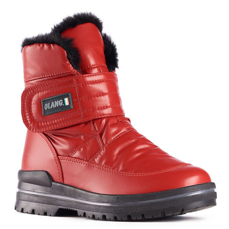 Mid-calf rosso red quilted winter boot with a Velcro strap, black faux-fur trim, and a rugged cleated sole.