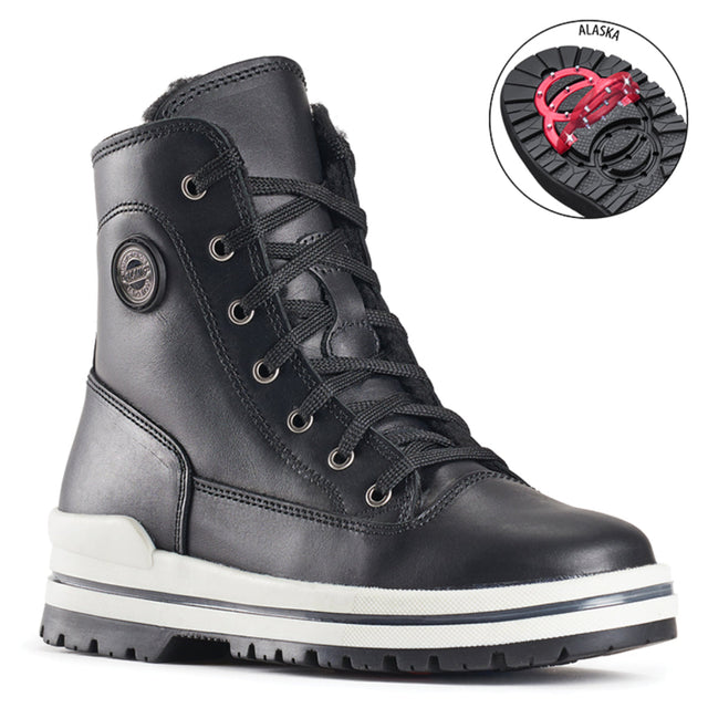 Olang Rita Black winter boots with full-grain leather upper, lace and zip closure, wool lining, and ALASKA outsole with OC System® grips for icy traction.