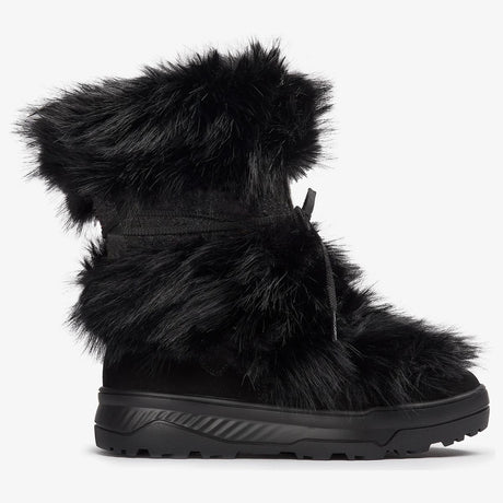 Olang black winter boot with fluffy faux fur cuffs, patterned shaft, front lace tie, and thick rubber lug sole.
