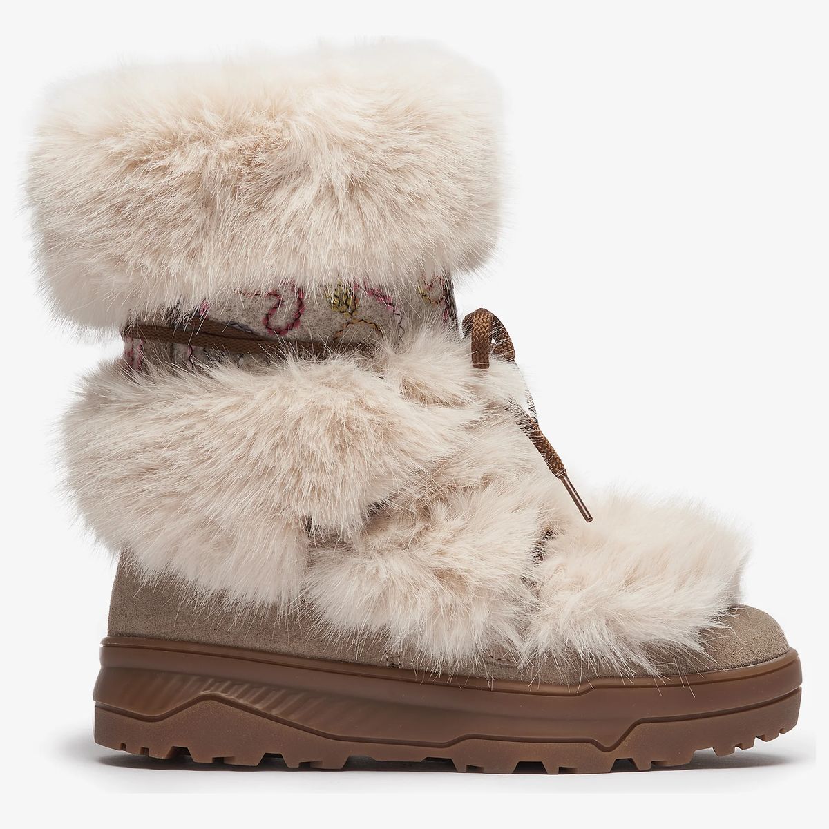 Olang beige winter boot with fluffy faux fur cuffs, patterned shaft, front lace tie, and thick rubber lug sole.
