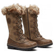 Women's tall, taupe lace-up winter boot with synthetic upper, faux fur collar, rugged rubber sole, and side zipper. Style #F3215.