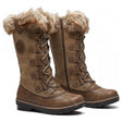 Women's tall, taupe lace-up winter boot with synthetic upper, faux fur collar, rugged rubber sole, and side zipper. Style #F3215.