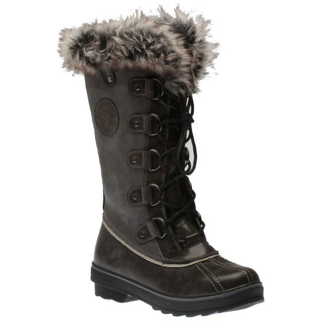 Tall dark grey/black winter boot with faux fur cuff, lace-up closure, side-zip entry, and rugged lug sole. Style # F3211.