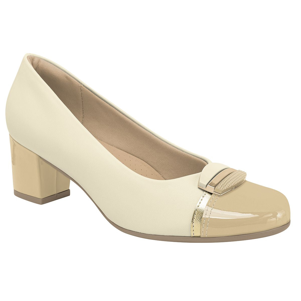 Cream women's block heel pump with a beige patent toe cap, gold trim, and decorative buckle detail. Style #110194A
