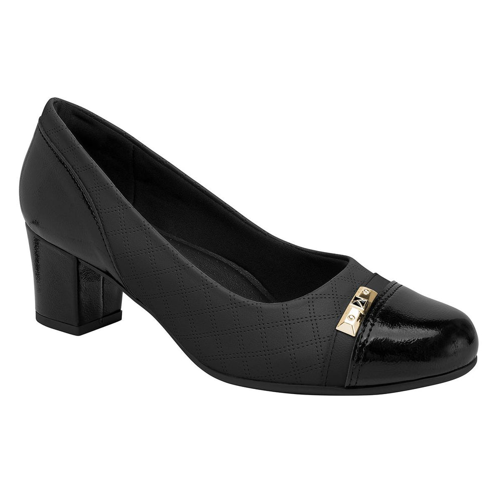 Women's black pump featuring a quilted texture, patent leather toe cap, gold hardware, and a block heel. Style #110196