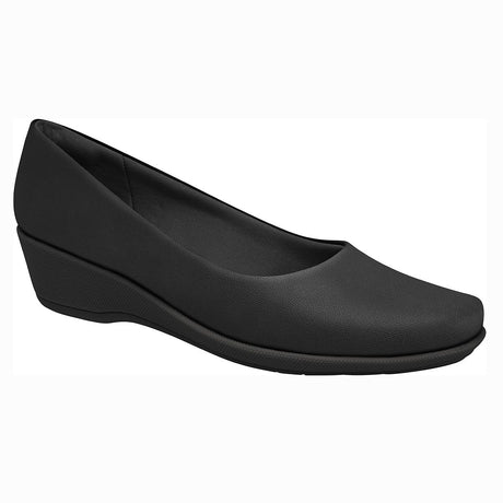 A sleek all-black women's dress shoe featuring a low textured wedge heel and a smooth rounded toe. Style #143133N