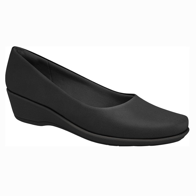 A sleek all-black women's dress shoe featuring a low textured wedge heel and a smooth rounded toe. Style #143133N