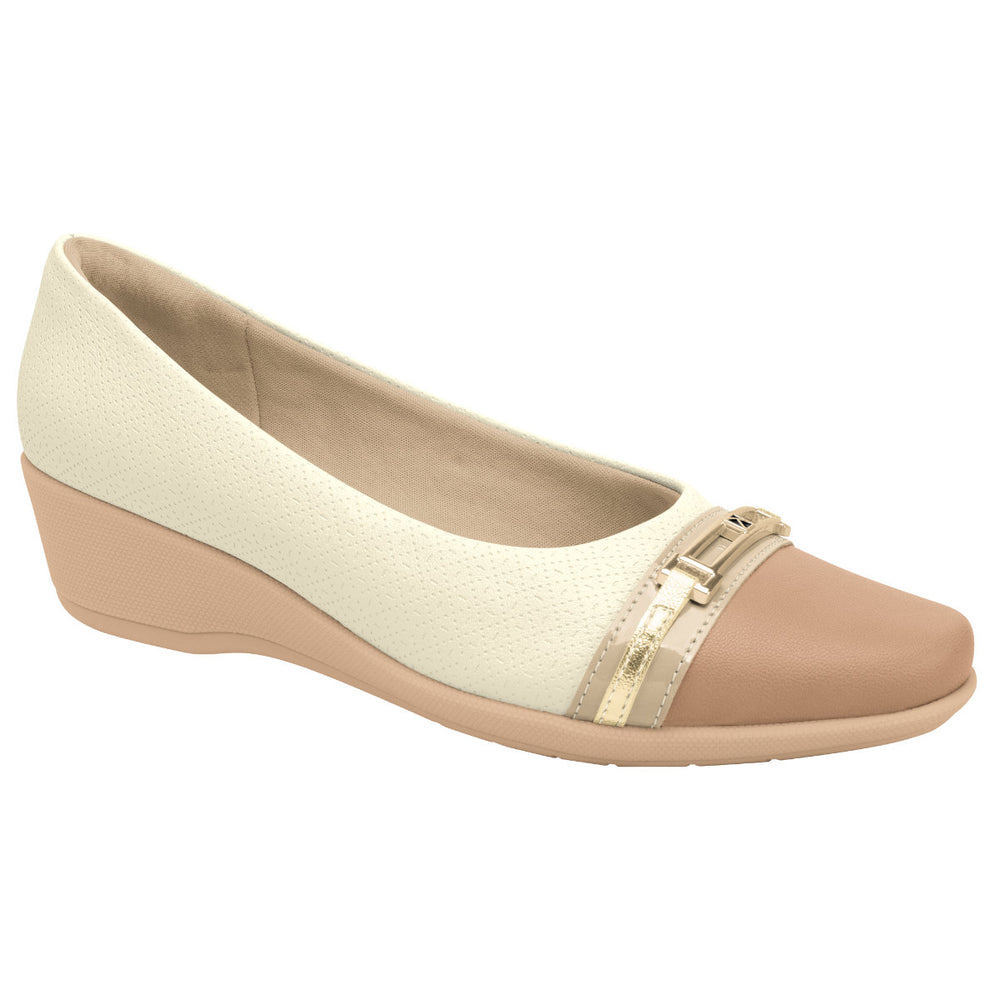 Two-toned Piccadilly wedge loafer 143228P in cream and tan with gold buckle detail. Women's comfort footwear.
