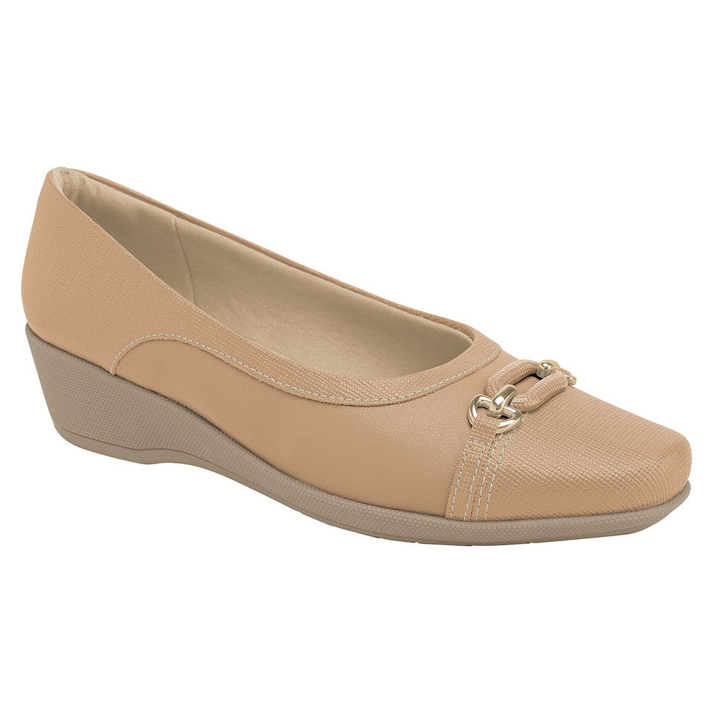 Women's nude slip-on dress shoe with a textured square toe, gold hardware, and a low tan wedge sole. Style #143242L