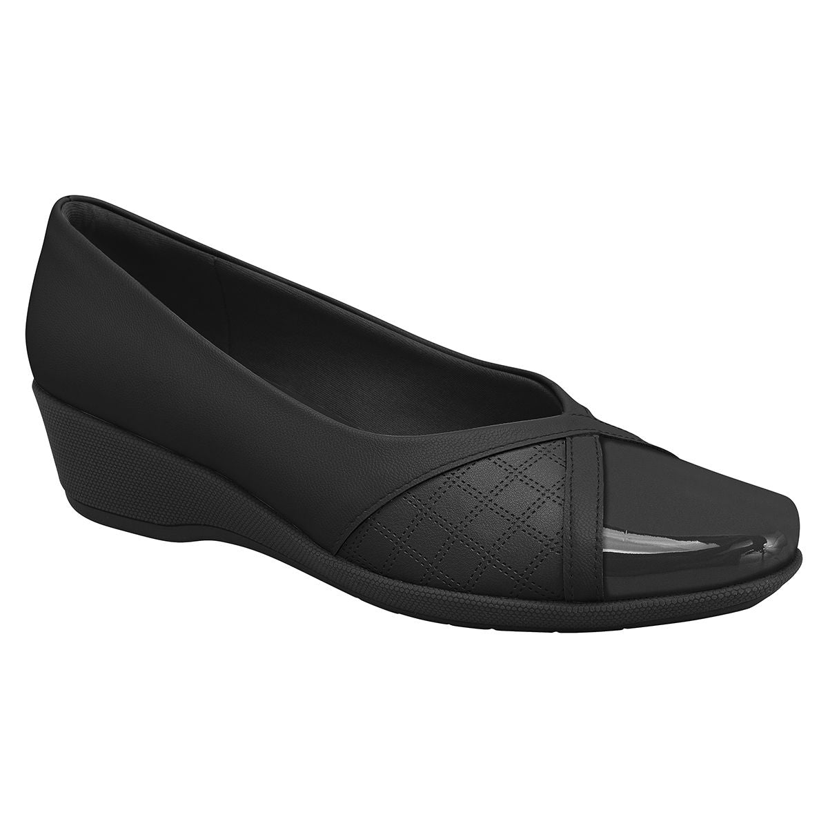 Women's black slip-on wedge with a quilted pattern vamp, patent leather toe, and a low textured wedge sole. Style #143243V