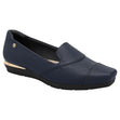 Piccadilly navy slip-on dress shoe with textured vamp, smooth toe cap, metallic gold heel trim, and wedge sole. Style #147308P