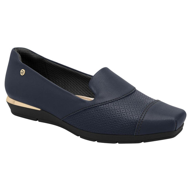 Piccadilly navy slip-on dress shoe with textured vamp, smooth toe cap, metallic gold heel trim, and wedge sole. Style #147308P
