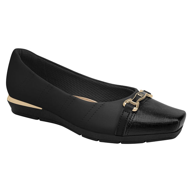 Women's black slip-on wedge with a textured square toe, gold bit detail, and a low black wedge sole. Style #147324L