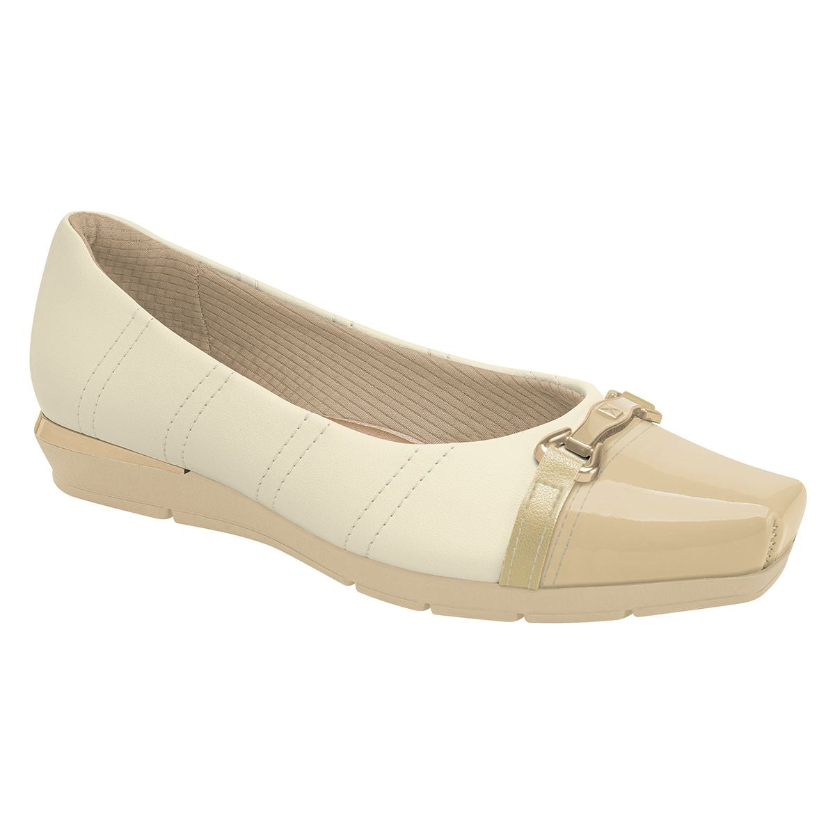 Women's off-white slip-on wedge with a beige patent square toe, metallic hardware, and a low tan wedge sole. Style #147324V
