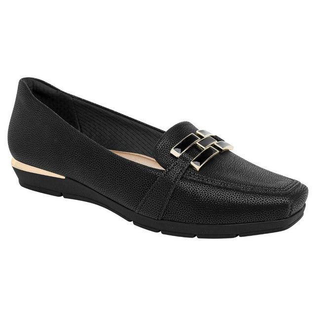 Piccadilly black textured slip-on dress shoe with metallic geometric instep ornament and gold heel trim. Style #147329B