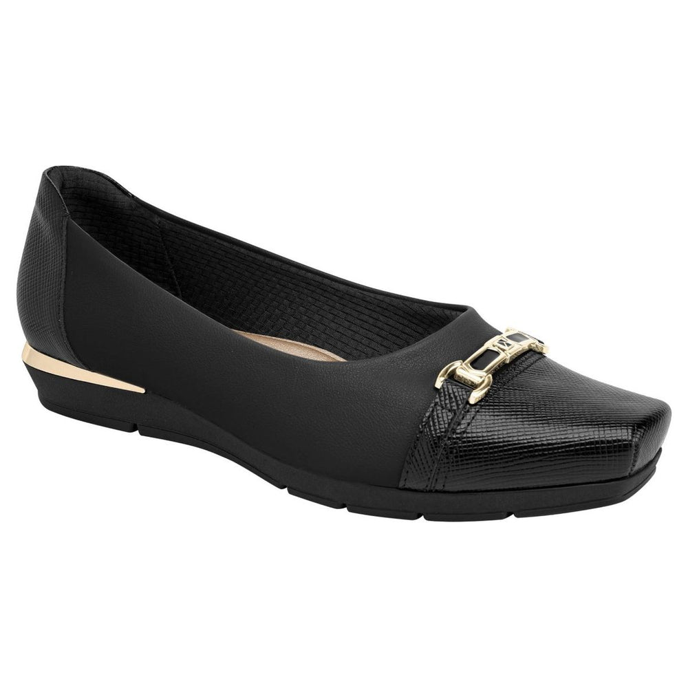 Piccadilly black dress wedge shoe with textured toe cap, gold link buckle detail, and metallic gold heel trim. Style #147330L