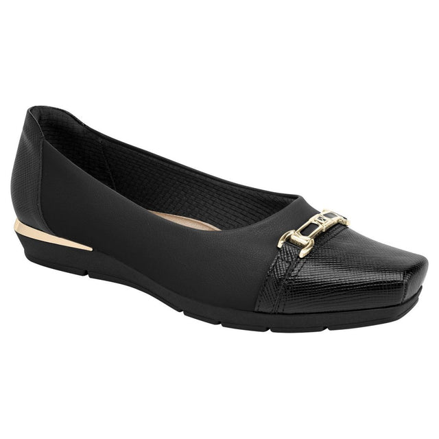 Piccadilly black dress wedge shoe with textured toe cap, gold link buckle detail, and metallic gold heel trim. Style #147330L
