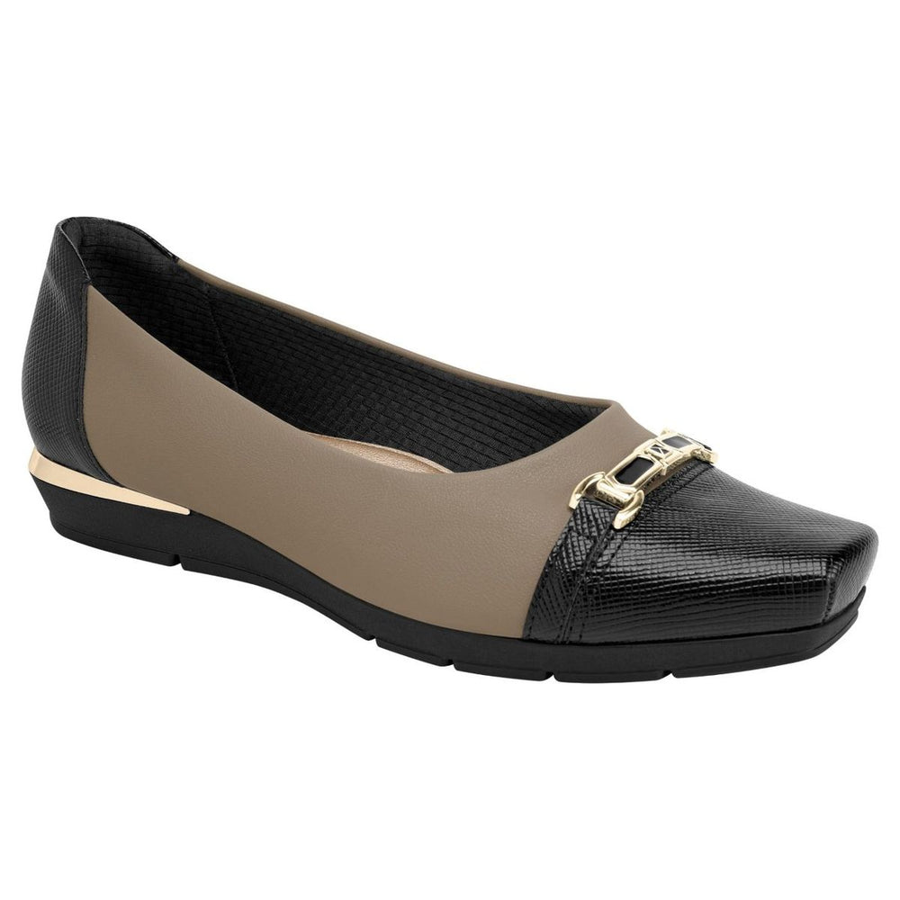 Piccadilly taupe dress wedge shoe with black textured toe cap, gold buckle detail, and gold heel trim. Style #147330L