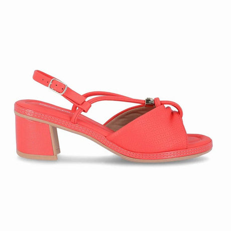 Coral pink heeled sandal with thin straps, a buckled ankle closure, and a textured block heel. Style #L1-566046P