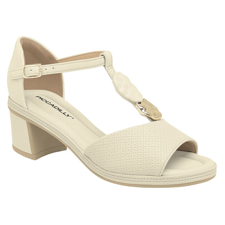 Women's off-white T-strap dress sandal with a decorative gold ornament, buckle closure, and a mid-block heel. Style #566078P