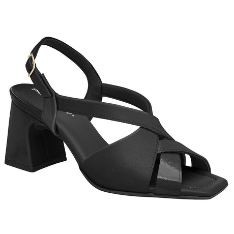 Women's black dress sandal with matte and patent criss-cross straps, a square toe, and a sturdy block heel. Style #626052A