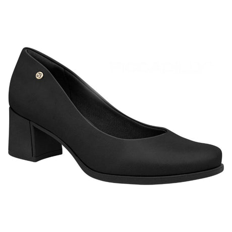 Women’s matte black dress pump shoe featuring a round toe, low block heel, and a tiny gold emblem on the side. Style #654007M
