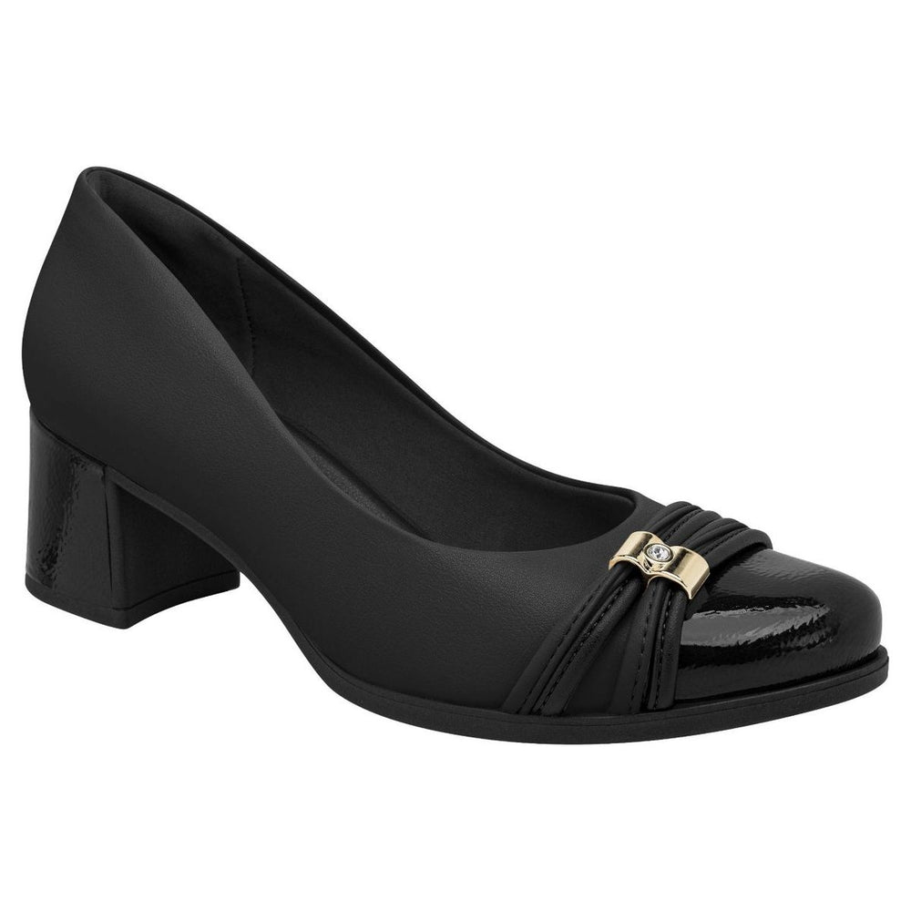 Piccadilly black dress pump shoe with patent toe cap, gold embellishment, and chunky block heel. Style #654070N