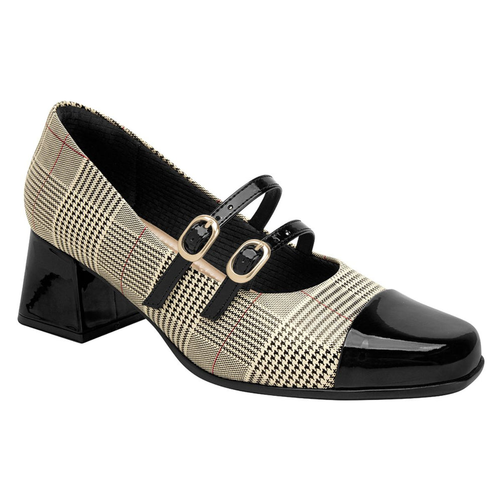 Plaid print dress shoe with two black buckle straps, a patent black toe cap, and a block heel. Style #L1-748041B