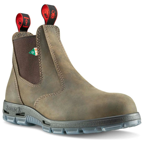 Redback brown leather CSA steel toe slip-on work boot with red pull loops, side elastic gores, and thick sole. Style #PSBIB