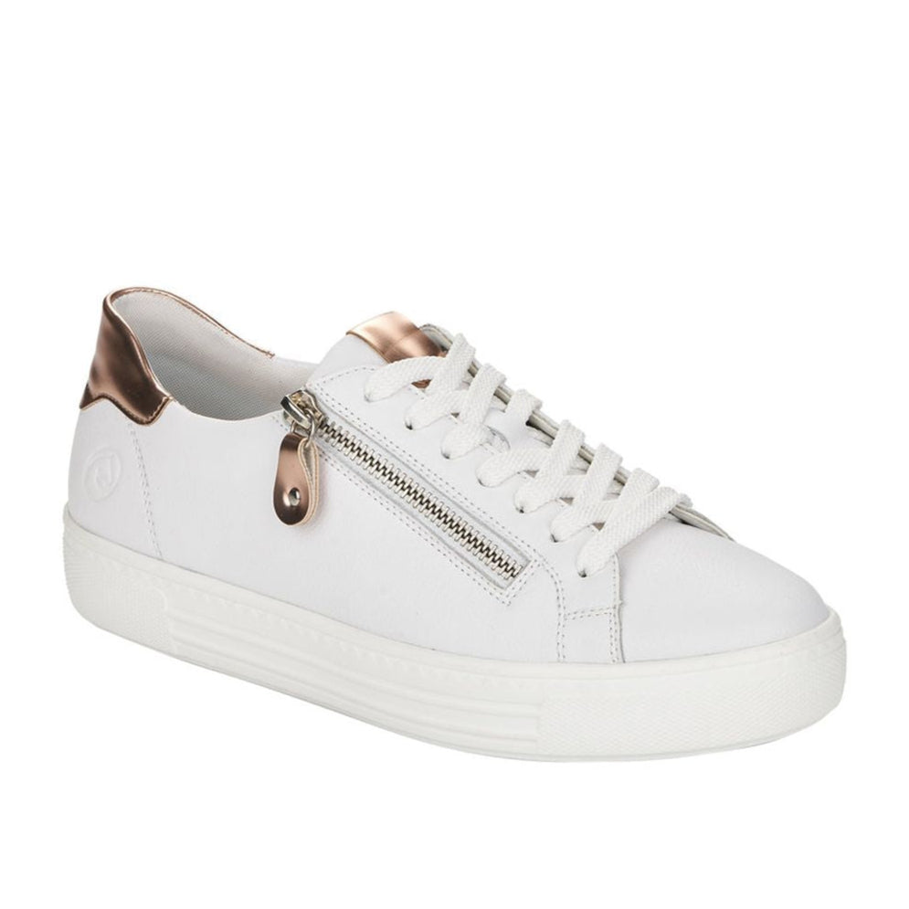 Remonte Rock D0903 Women's Zip Sneaker, premium white leather upper, sporty-luxe look. Style #D0903-81