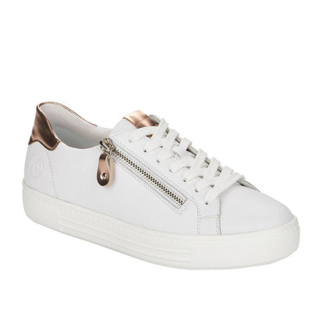 Remonte Rock D0903 Women's Zip Sneaker, premium white leather upper, sporty-luxe look. Style #D0903-81