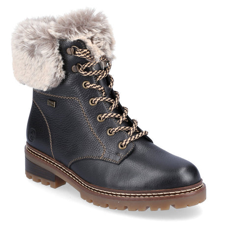 Remonte Castor D0B74-01 Women’s Black Lace Zip Ankle Boots with water-repellent leather, lambswool lining, thermal insole, 43mm block heel, and anti-slip outsole.