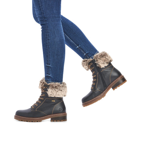 Remonte Castor D0B74-01 Women’s Black Lace Zip Ankle Boots with water-repellent leather, lambswool lining, thermal insole, 43mm block heel, and anti-slip outsole. Shown on foot.