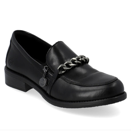 Remonte Wilde D0F03 Women's Loafers, Premium Black Leather SHoe with decorative silver chain. Style #D0F03-01