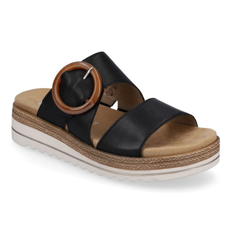 Remonte D0Q51 Women's Mule Sandals, Wide Leather strapps, slide on slippers with large round decorative buckle. Style #D0Q51-00