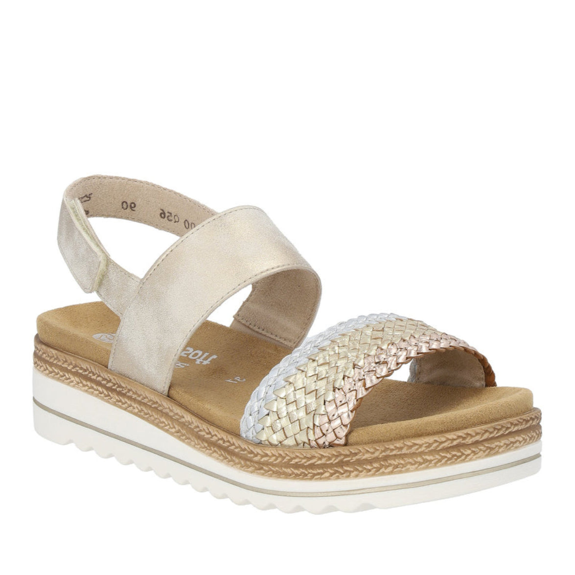 Remonte D0Q56 Beige Women's Strap Sandals in Gold, simple velcro closure, silver/gold/bronze. Style #D0Q56-90