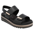 Women’s black leather sandal with two adjustable straps, gold accents, and a white platform lug sole. Style #D0Q59-00