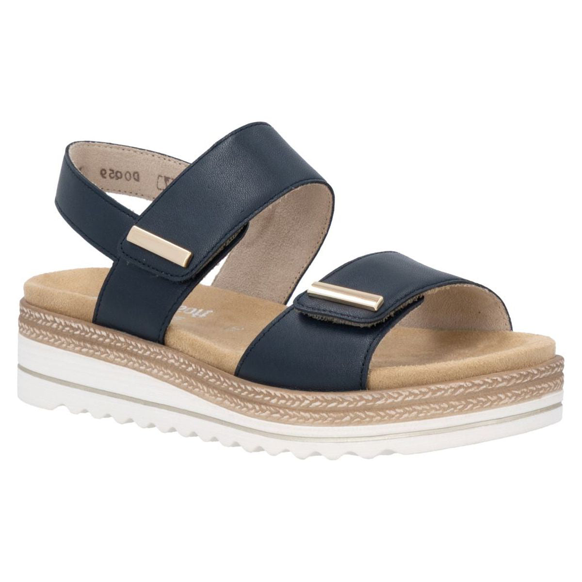 Women’s navy blue leather sandal with two adjustable straps, gold accents, and a white platform lug sole. Style #D0Q59-14