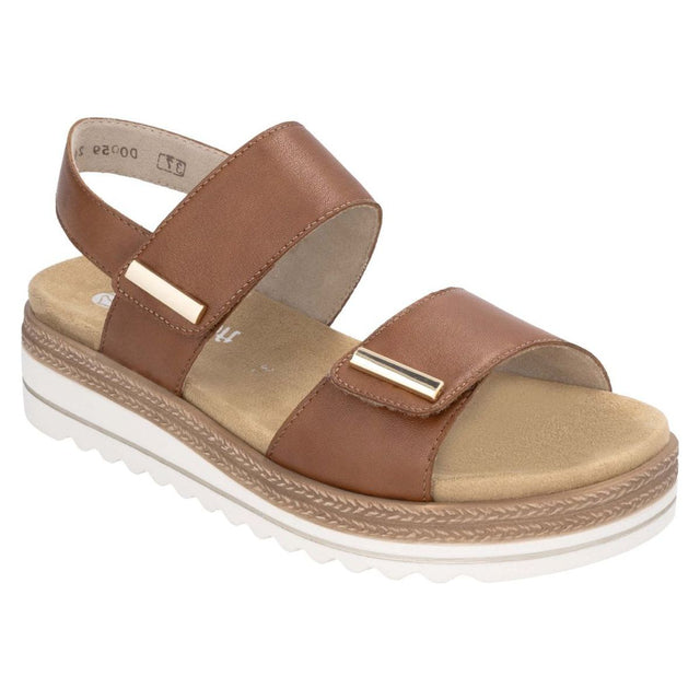 Women’s brown leather sandal with two adjustable straps, gold accents, and a white platform lug sole. Style #D0Q59-24
