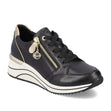 Remonte D0T03 Women's Wedge Sneaker, premium leather upper, side zipper and lace up closure, gold detailing. Style #D0T03-01