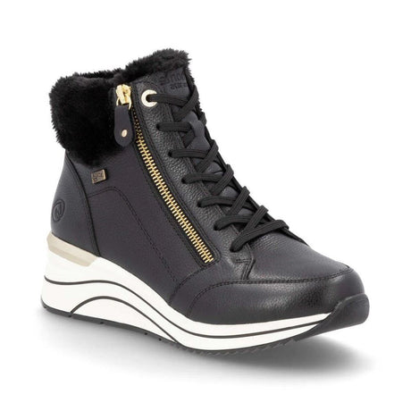 Remonte D0T77 Women's Sneaker Boot, fur lined boot, durable leather upper, wedge sole with zipper and lace up closure. Style #D0T77-02