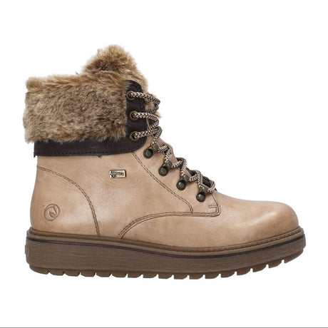 Remonte D0U70 Women's Lace Up Boots, tan grippy sole fur lined boots, front lace up. Insulated winter boot. Style #D1C70-20